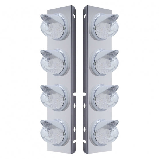Stainless Steel Front Air Cleaner Bracket With 8 x 17 Amber LED Dual Func. Watermelon Lights &amp; Visors For Peterbilt - Clear Lens