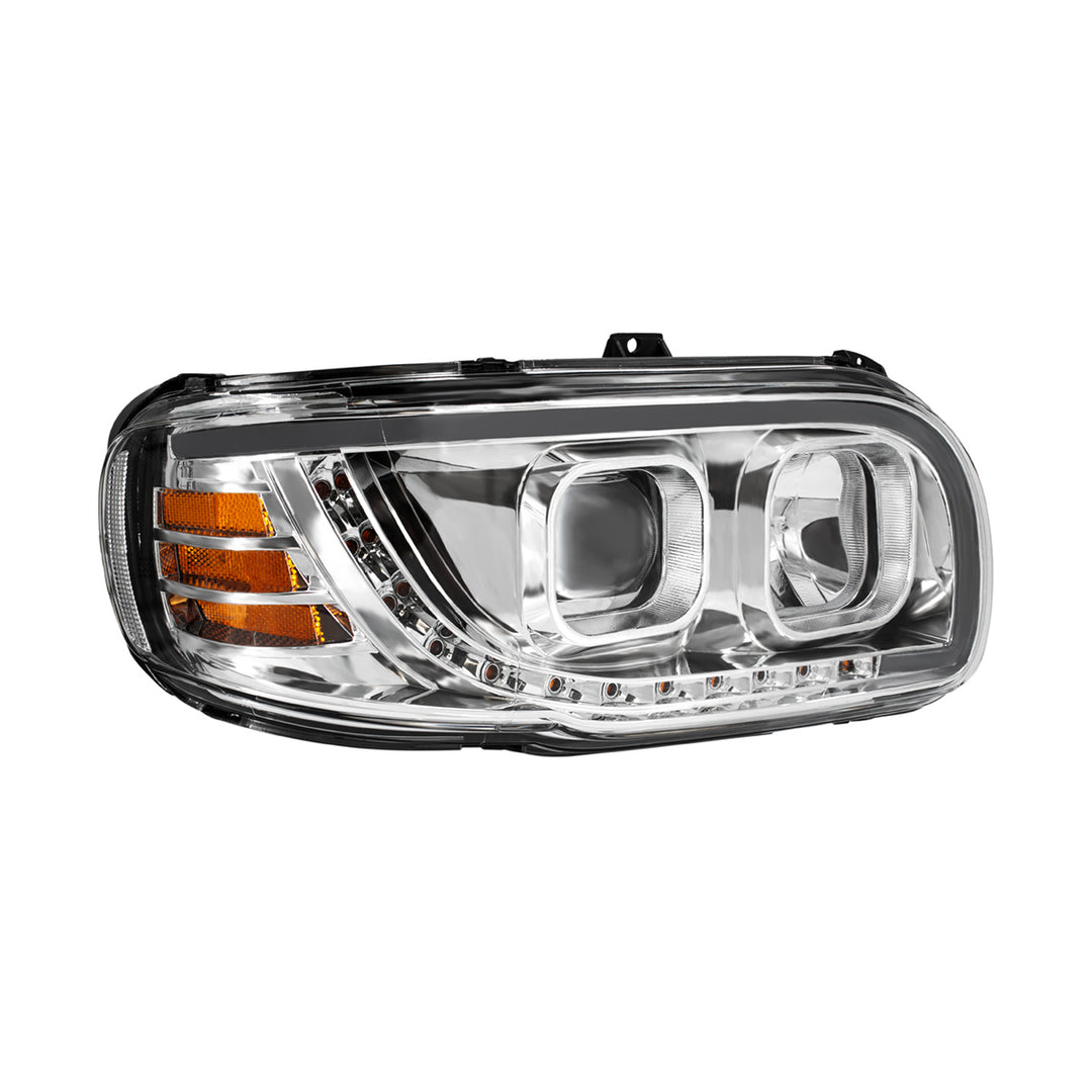 Chrome Projection Headlight With LED Turn Signal &amp; Light Bar For 2008-2024 Peterbilt 389 - Passenger