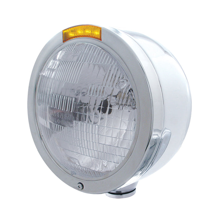 Stainless Steel Bullet Half Moon Headlight H6024 Bulb &amp; LED Turn Signal - Amber Lens
