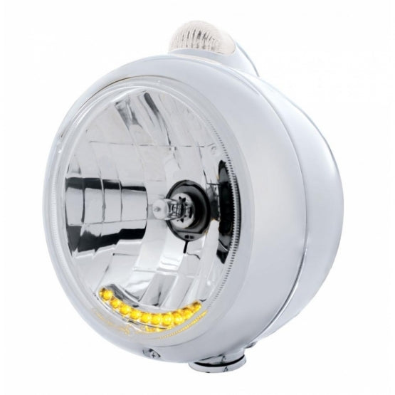 Stainless Steel Guide 682-C Headlight H4 With 6 Amber LED &amp; LED Signal - Clear Lens