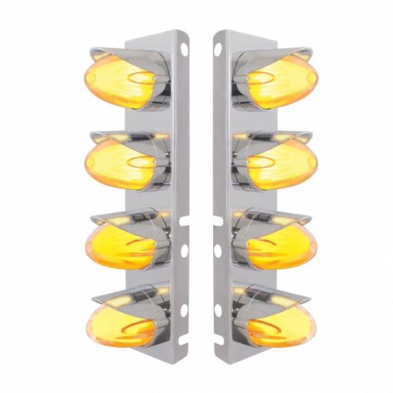 Stainless Steel Front Air Cleaner Brkt With 8 x 9 Amber Hi/Lo LED Watermelon GloLight &amp; Visors For Peterbilt - Clear Lens