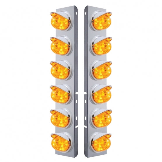 Stainless Steel Front Air Cleaner Bracket W/12 x 17 LED Watermelon Lights &amp; Visors For Peterbilt - Amber LED &amp; Lens