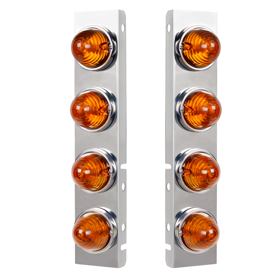 Stainless Steel Front Air Cleaner Bracket With 8X Glass Beehive Lights &amp; Stainless Steel Bezels For Peterbilt - Amber Lens