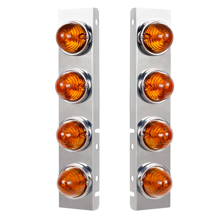 Stainless Steel Front Air Cleaner Bracket With 8X Glass Beehive Lights &amp; Stainless Steel Bezels For Peterbilt - Amber Lens