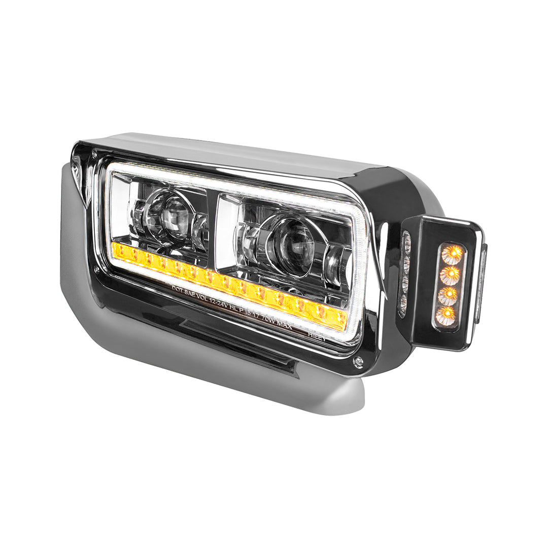 High Power LED Chrome Projection Headlight Assembly With Mounting Arm &amp; Turn Signal - Driver