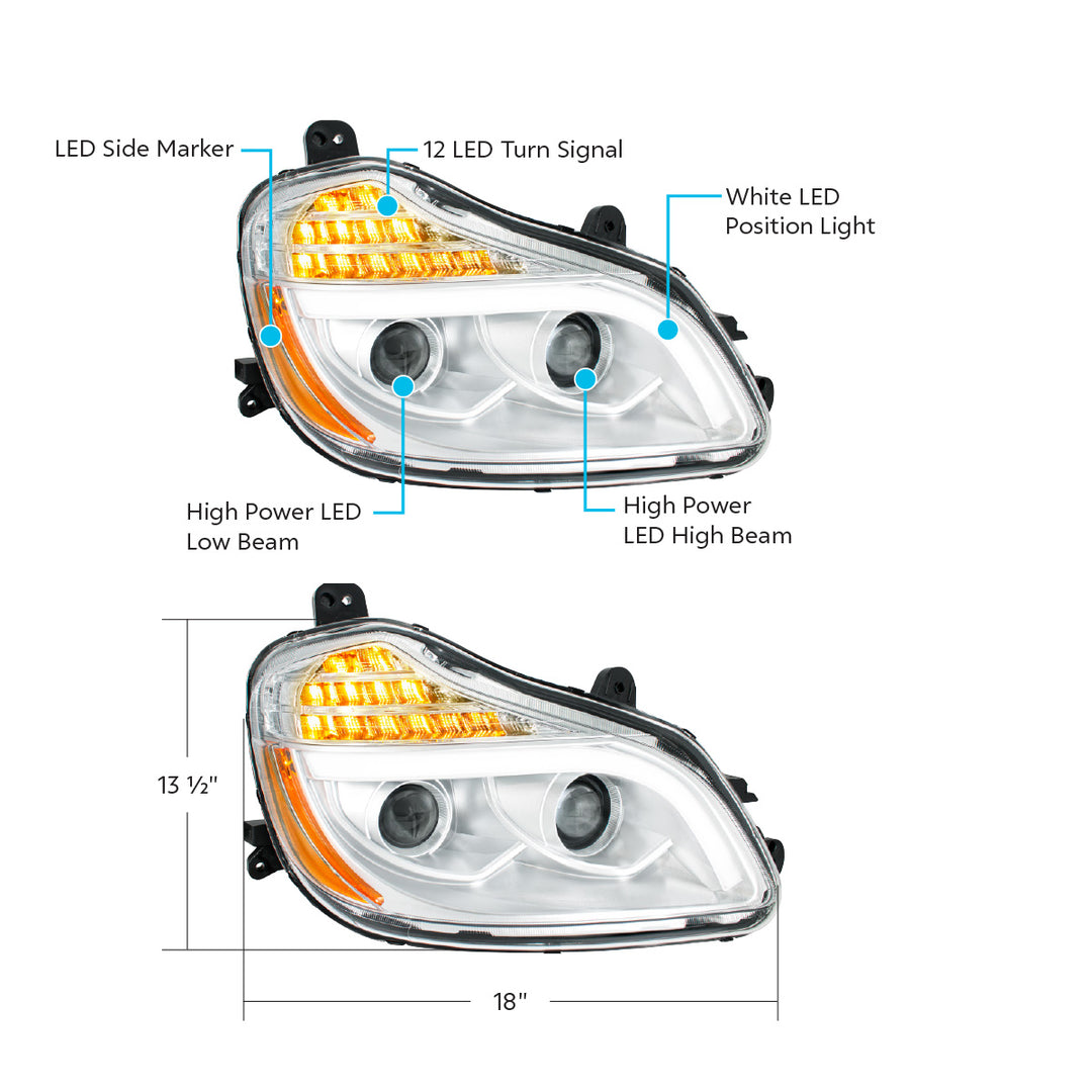 Chrome 8 LED Projection Headlight For 2013-2021 Kenworth T680 - Passenger