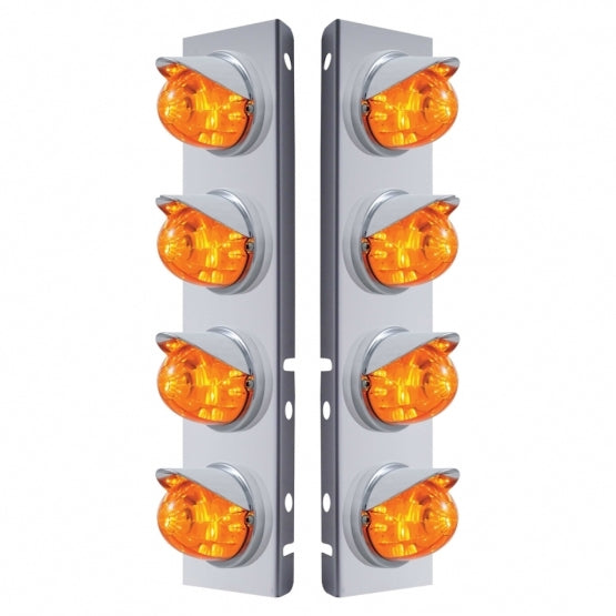 Stainless Steel Front Air Cleaner Bracket With 8 x 17 LED Watermelon Lights &amp; Visors For Peterbilt - Amber LED &amp; Lens