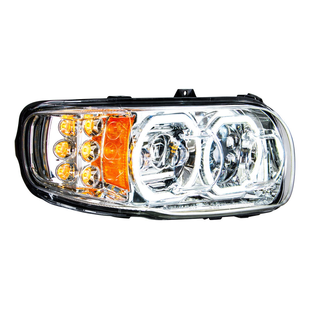 High Power 10 LED Chrome Headlight With 6 LED Turn &amp; 100 LED Halo For 2008-2024 Peterbilt 389 - Passenger