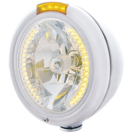 Chrome Classic Headlight H4 With 34 Amber LED &amp; LED Signal - Amber Lens