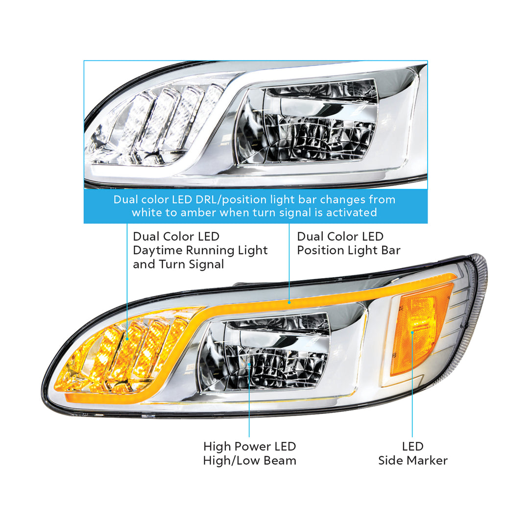 Chrome LED Headlight With LED Turn, Position, &amp; DRL For Peterbilt 386(2005-2015) &amp; 387(1999-2010) - Passenger