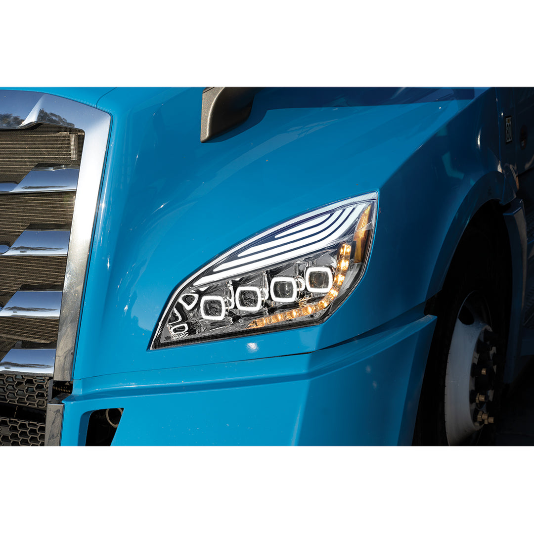 Chrome Quad - LED Headlight With LED DRL &amp; Seq. Signal For 2018-2024 Freightliner Cascadia - Driver