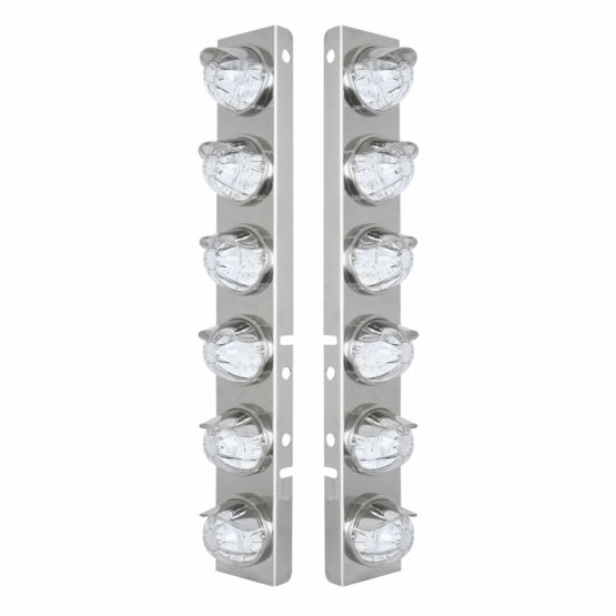 Stainless Steel Front Air Cleaner Bracket W/12 x 17 Amber LED Watermelon Lights &amp; Stainless Steel Visors For Peterbilt - Clear Lens