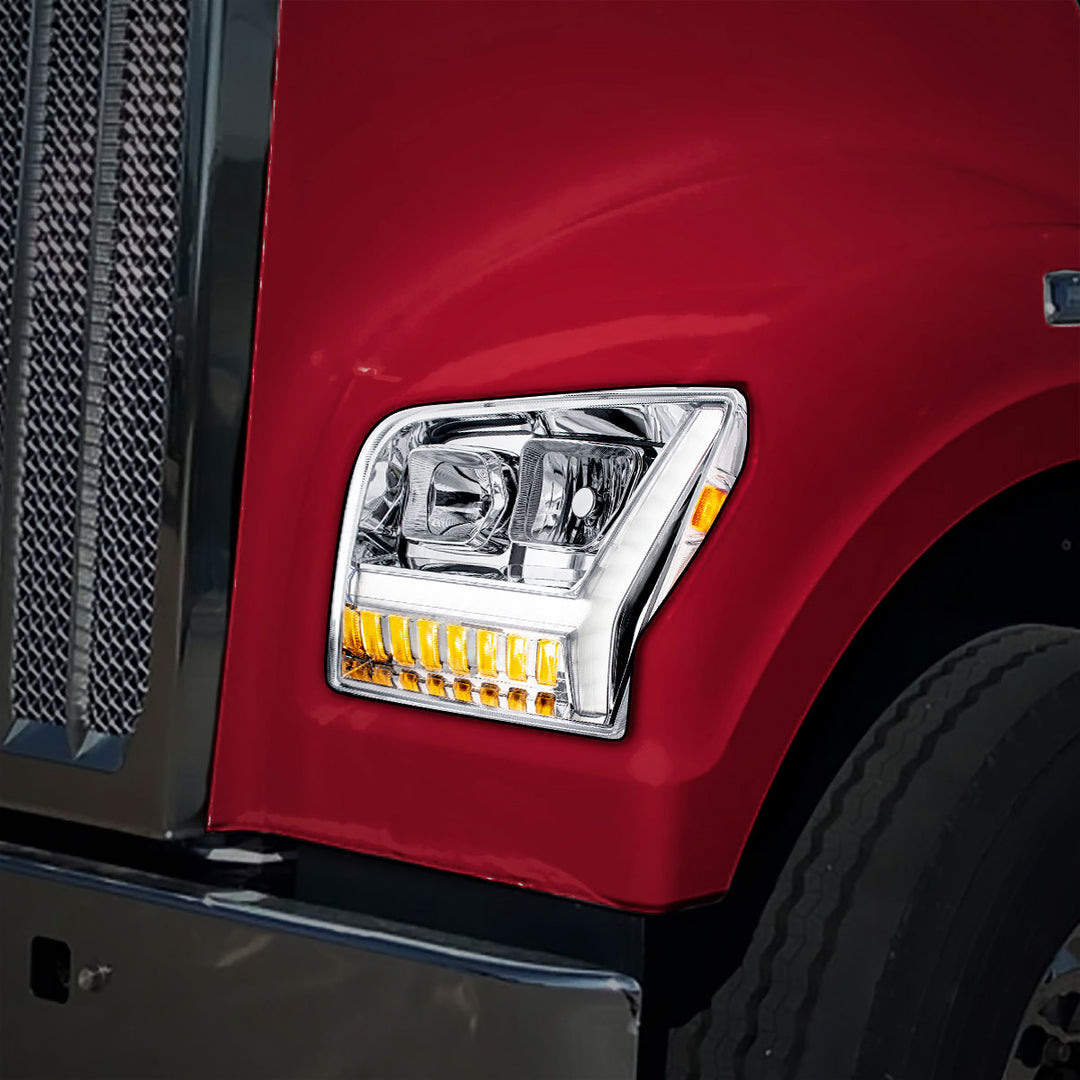 Chrome Headlight With LED DRL Light Bar &amp; Turn Signal For 2018-2024 Kenworth W990 - Driver