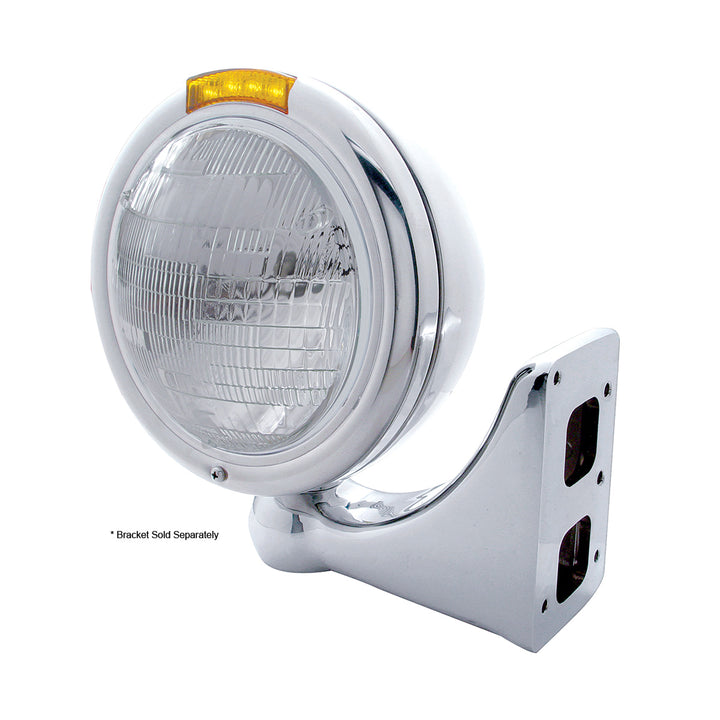 Stainless Steel Classic Headlight 6014 Bulb &amp; LED Turn Signal - Amber Lens
