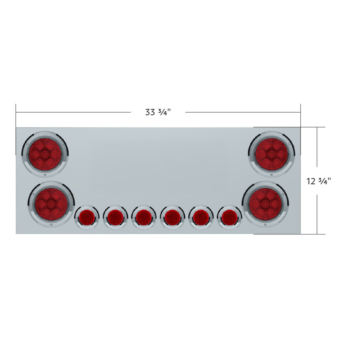 Stainless Steel Rear Center Panel With 4X Red LED 4" Light &amp; 6X Red LED 2" Light &amp; Bezel - Red Lens (No LP Holes) - CS