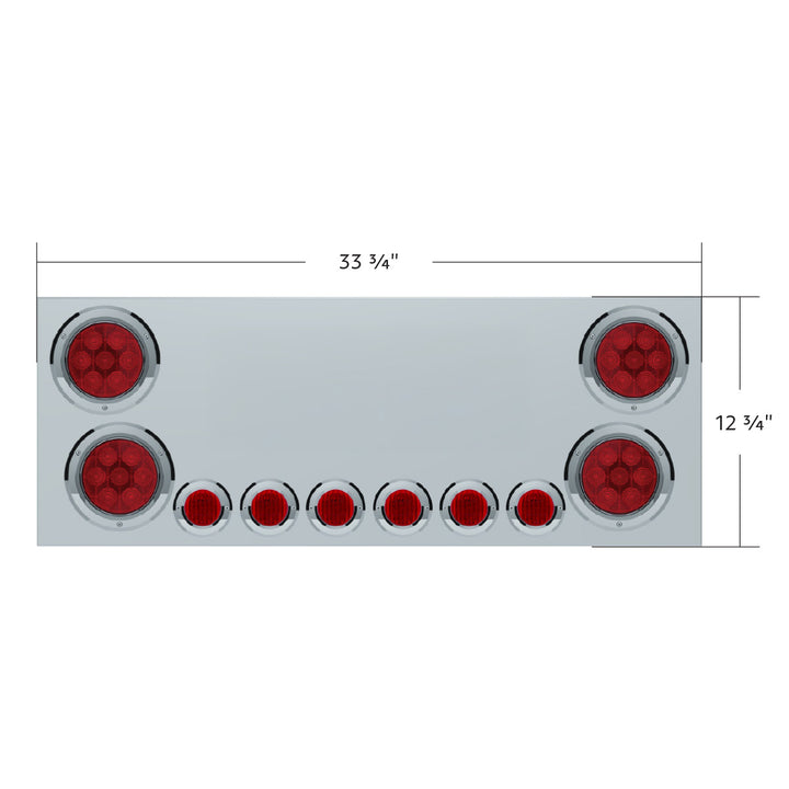Stainless Steel Rear Center Panel With 4X Red LED 4" Light &amp; 6X Red LED 2" Light &amp; Bezel - Red Lens (No LP Holes) - CS