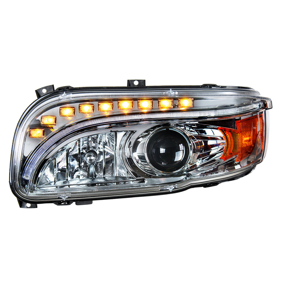 Chrome Projection Headlight With LED Turn &amp; DRL For Peterbilt 389 (2008-2023) &amp; 388 (2008-2015) - Driver