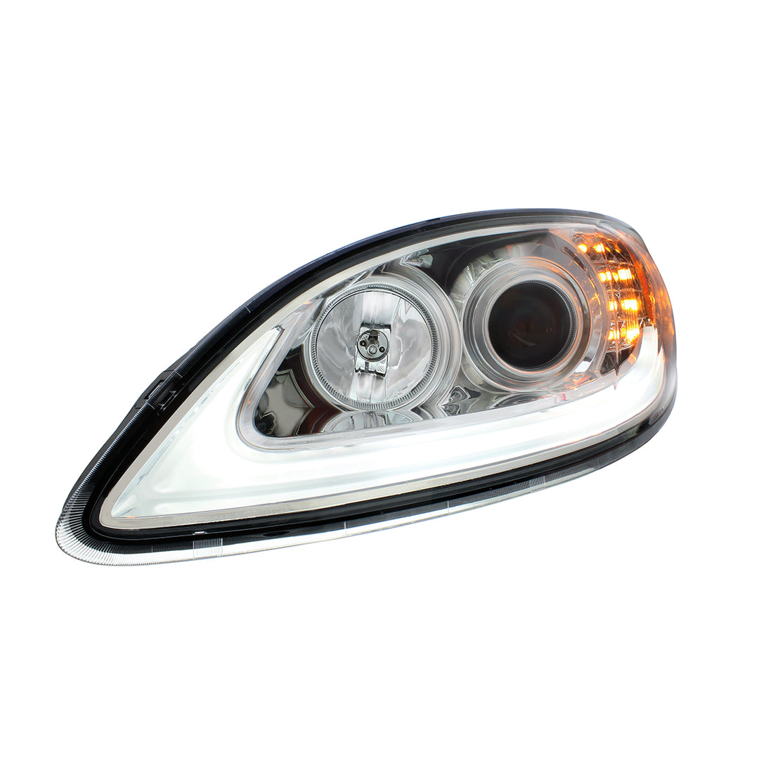 Chrome Projection Headlight With LED Turn Signal &amp; Light Bar For 2006-2017 International Prostar - Driver