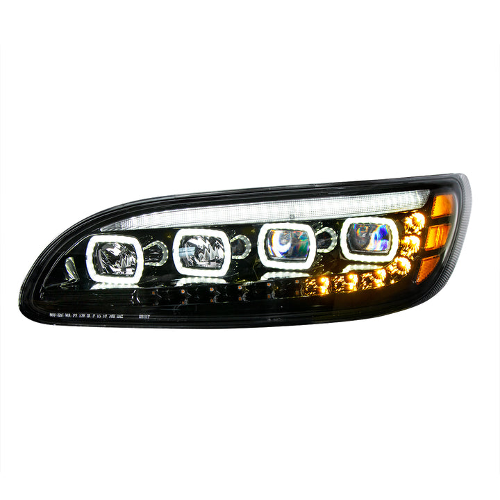 Black Quad - LED Headlight With LED DRL &amp; Seq. Signal For 2005-2015 Peterbilt 386 - Driver
