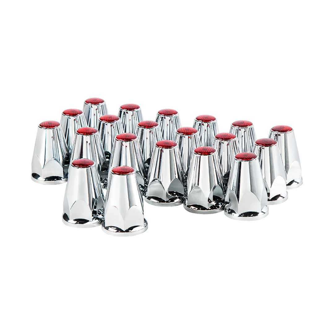 33mm X 2-3/4" Chrome Plastic Nut Covers With Flange - Push-On - Red Reflector (20-Pack)