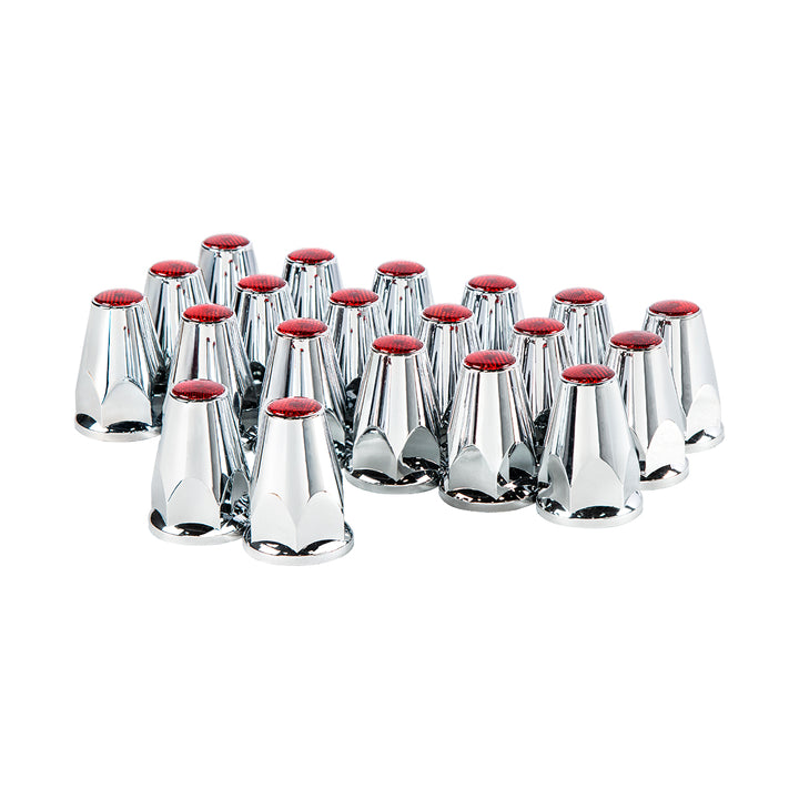 33mm X 2-3/4" Chrome Plastic Nut Covers With Flange - Push-On - Red Reflector (20-Pack)