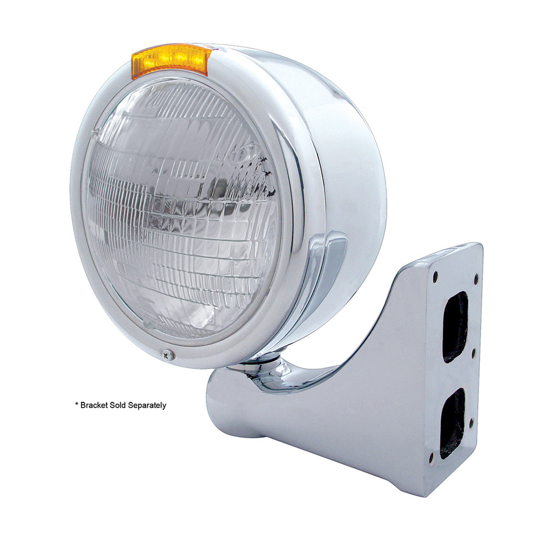 Stainless Steel Classic Half Moon Headlight 6014 Bulb &amp; LED Turn Signal - Amber Lens