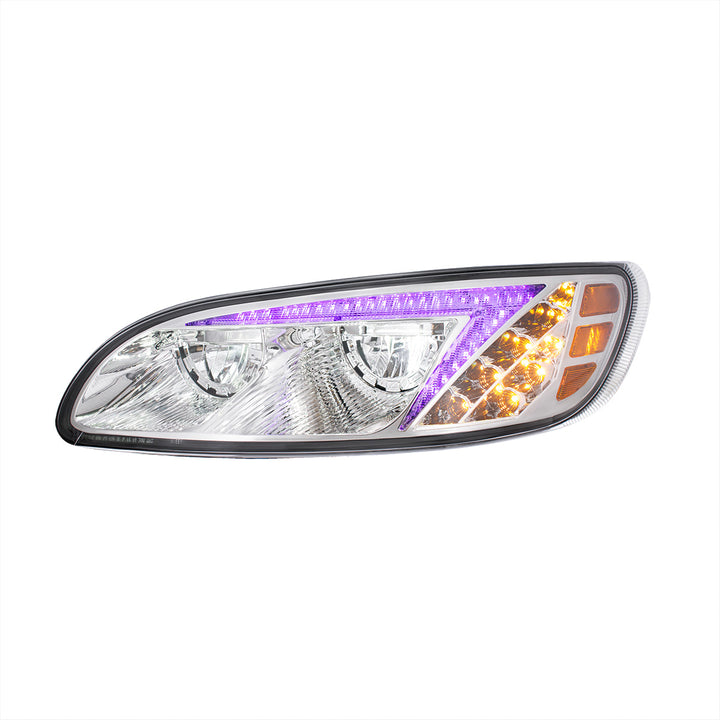 Chrome LED Headlight With Color Changing Position Light Bar For Peterbilt 386 (2005-2015) &amp; 387 (1999-2010) - Driver