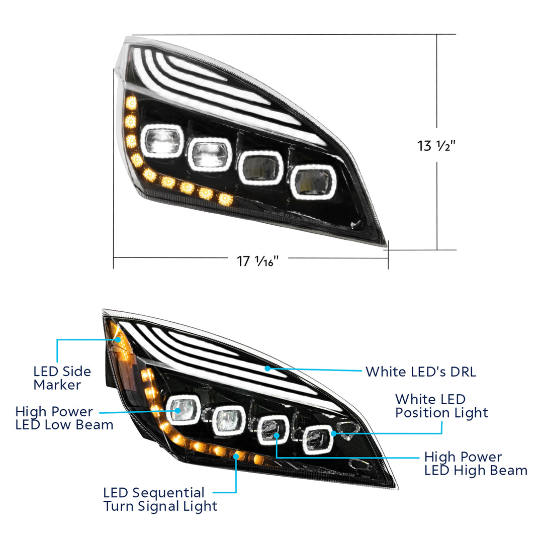 Black Quad - LED Headlight With LED DRL &amp; Seq. Signal For 2018-2024 Freightliner Cascadia - Passenger