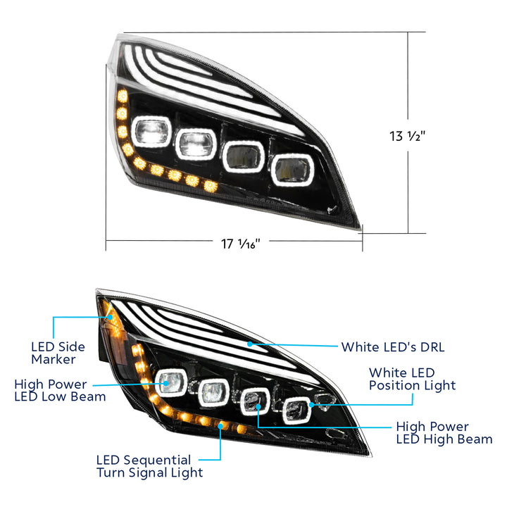 Black Quad - LED Headlight With LED DRL &amp; Seq. Signal For 2018-2024 Freightliner Cascadia - Passenger
