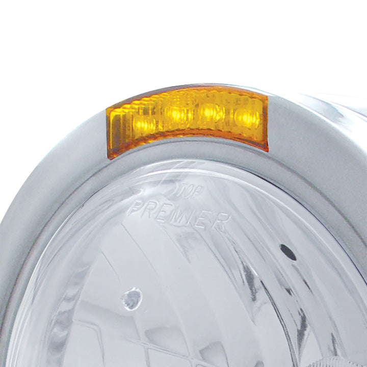 Stainless Steel Bullet Half Moon Headlight Crystal H4 Bulb &amp; LED Turn Signal - Amber Lens