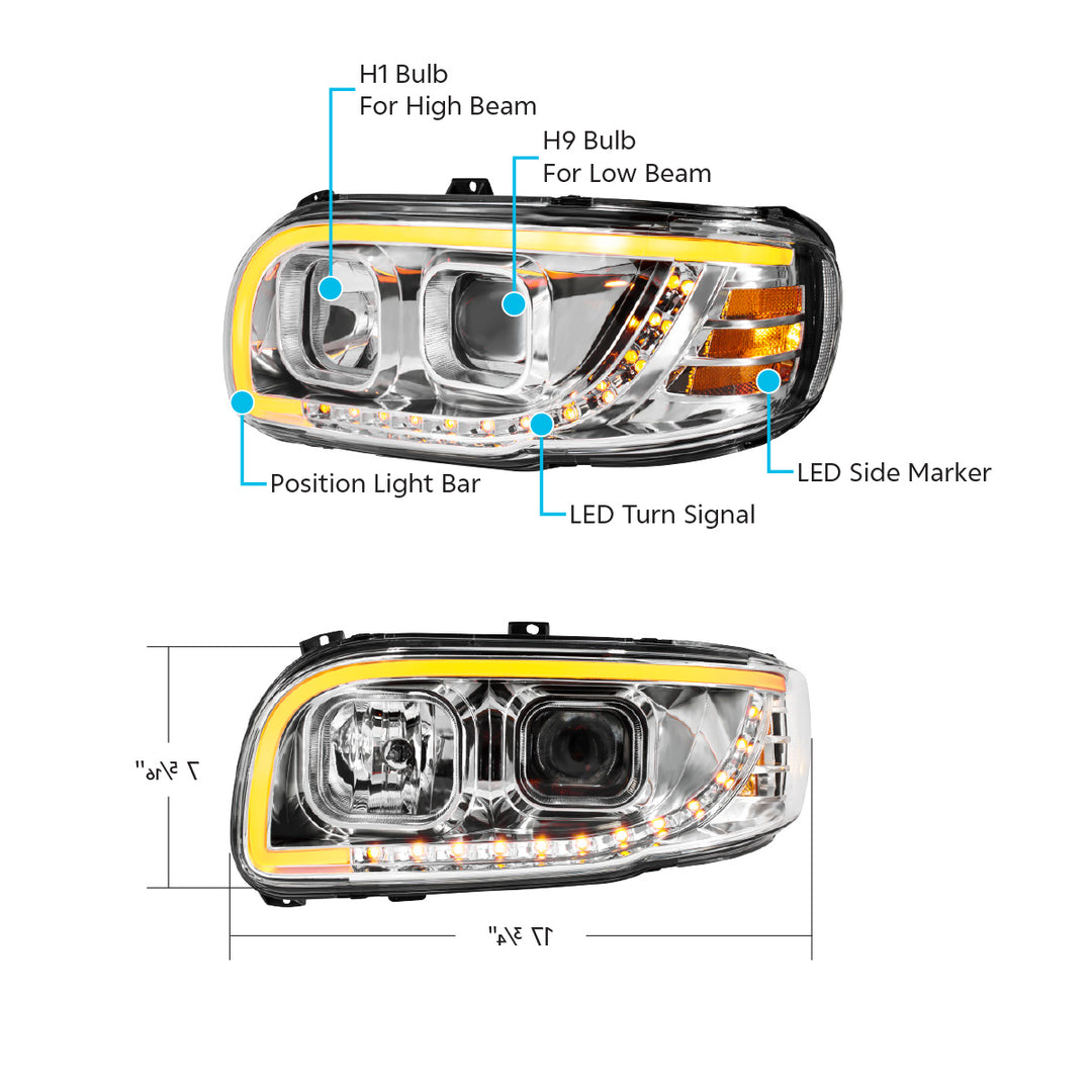 Chrome Projection Headlight With LED Turn Signal &amp; Light Bar For 2008-2024 Peterbilt 389 - Driver