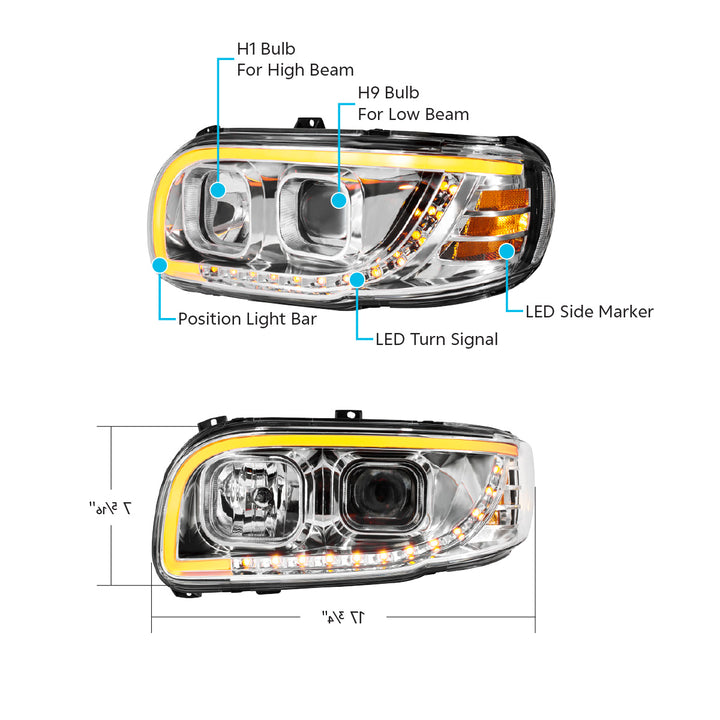 Chrome Projection Headlight With LED Turn Signal &amp; Light Bar For 2008-2024 Peterbilt 389 - Driver