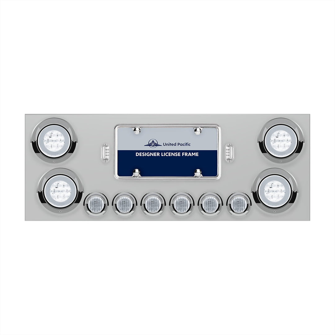 Stainless Steel Rear Center Panel With 4 x 21 LED 4" GloLight &amp; 6 x 9 LED 2" Lights &amp; Visors - Red LED/Clear Lens