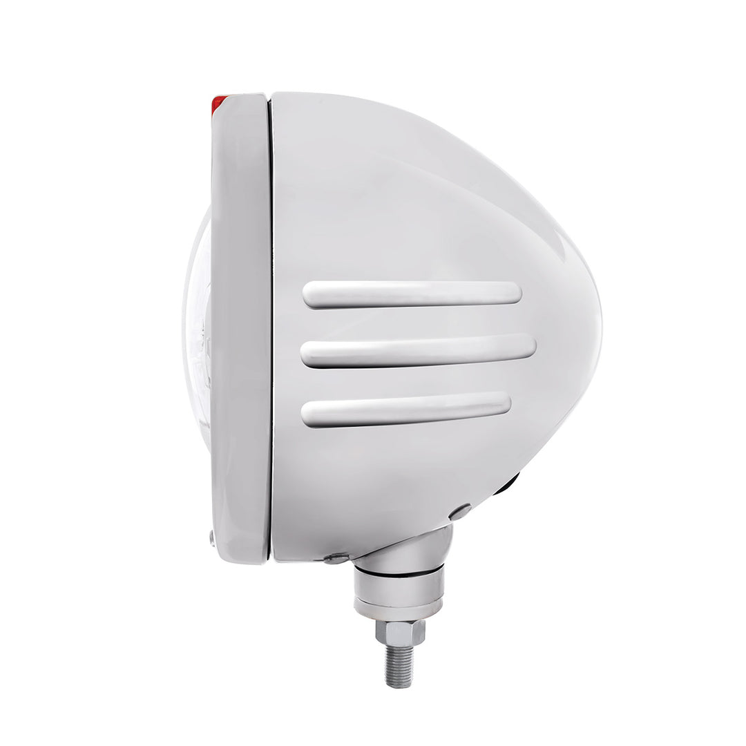 Stainless Steel Bullet Embossed Stripe Headlight 5 LED Bulb &amp; Dual Mode LED Signal - Amber Lens
