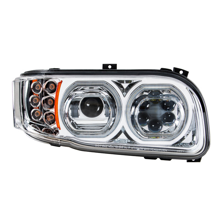 High Power 10 LED Chrome Headlight With 6 LED Turn &amp; 100 LED Halo For 2008-2024 Peterbilt 389 - Passenger