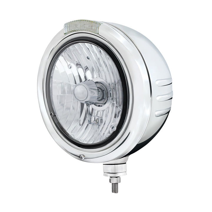 Stainless Steel Classic Embossed Stripe Headlight Crystal H4 &amp; Dual Mode LED Signal - Clear Lens