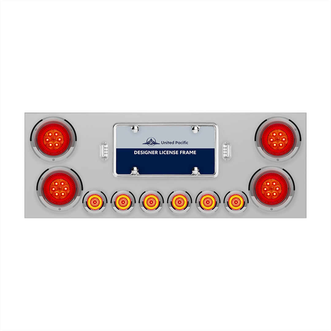 Stainless Steel Rear Center Panel With Four 16 LED 4" Turbine Light &amp; Six 7 LED 2" Lights &amp; Bezels - Red LED/Red Lens