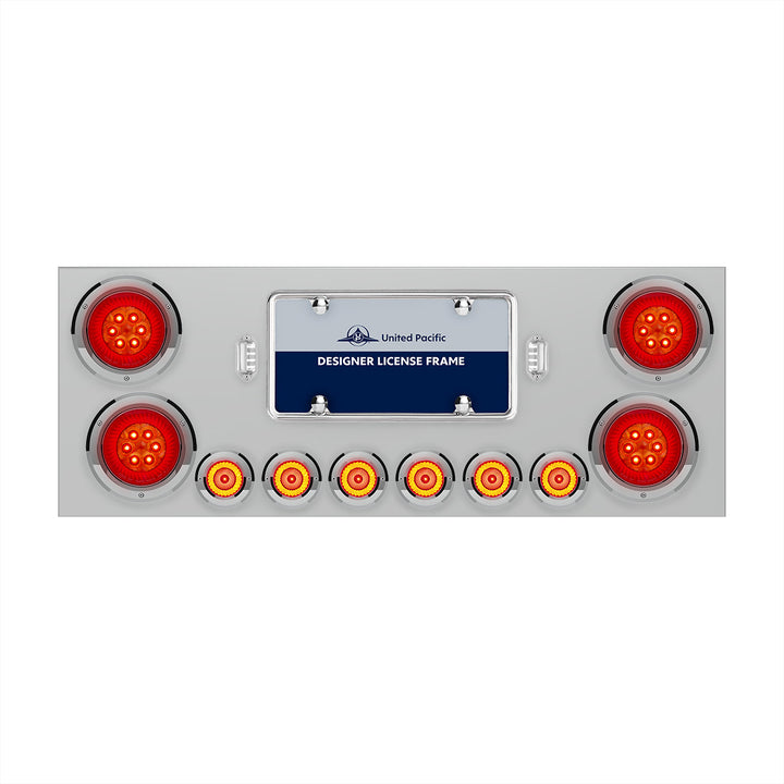 Stainless Steel Rear Center Panel With Four 16 LED 4" Turbine Light &amp; Six 7 LED 2" Lights &amp; Bezels - Red LED/Red Lens