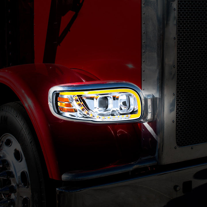 Chrome Projection Headlight With LED Turn Signal &amp; Light Bar For 2008-2024 Peterbilt 389 - Passenger