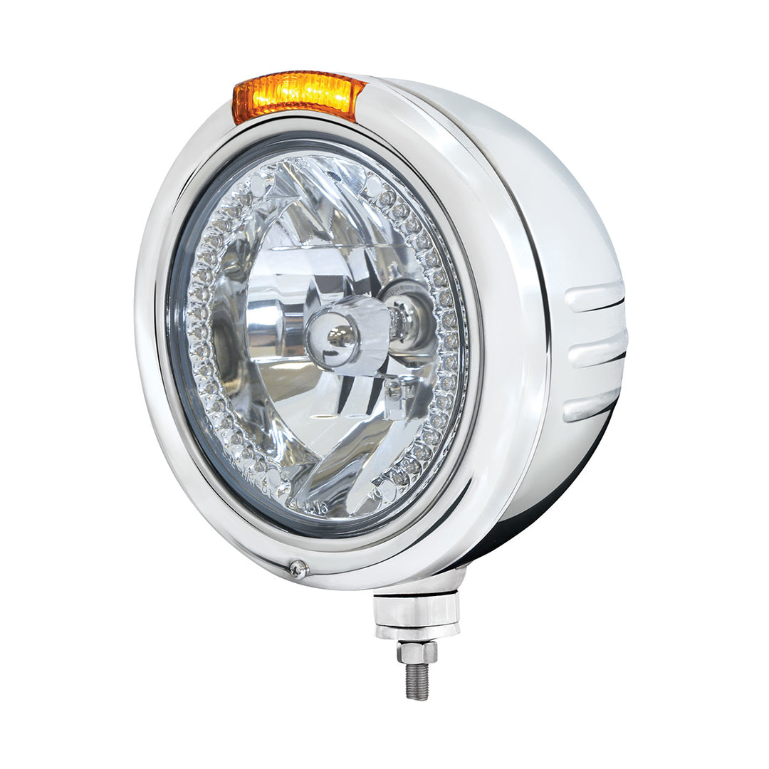 Stainless Steel Classic Embossed Stripe Headlight H4 With White LED &amp; Dual Mode LED Signal - Amber Lens