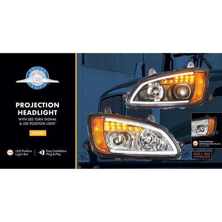 Blackout Projection Headlight With LED Turn Signal &amp; Position Light For 2008-2017 Kenworth T660 - Driver