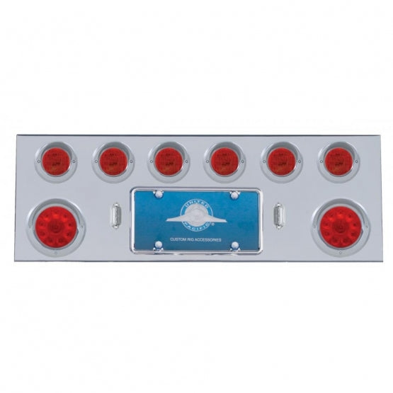 Stainless Steel Rear Center Panel With Two 10 LED 4" Lights &amp; 6 x 13 LED 2-1/2" Lights &amp; Visors - Red LED &amp; Lens
