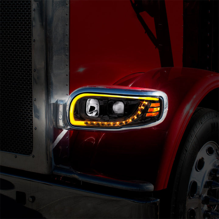 Blackout Projection Headlight With LED Turn Signal &amp; Light Bar For 2008-2024 Peterbilt 389 - Driver