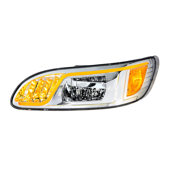 Chrome LED Headlight With LED Turn, Position, &amp; DRL For Peterbilt 386 (2005-2015) &amp; 387 (1999-2010) - Driver