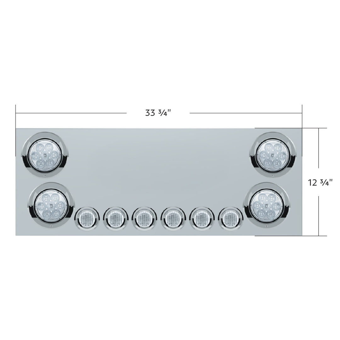 Stainless Steel Rear CP With 4 x 7 LED 4" Reflector Lights &amp; 6 x 9 LED 2" Lights &amp; Visors (No LP Holes) - Red LED/Clear Lens