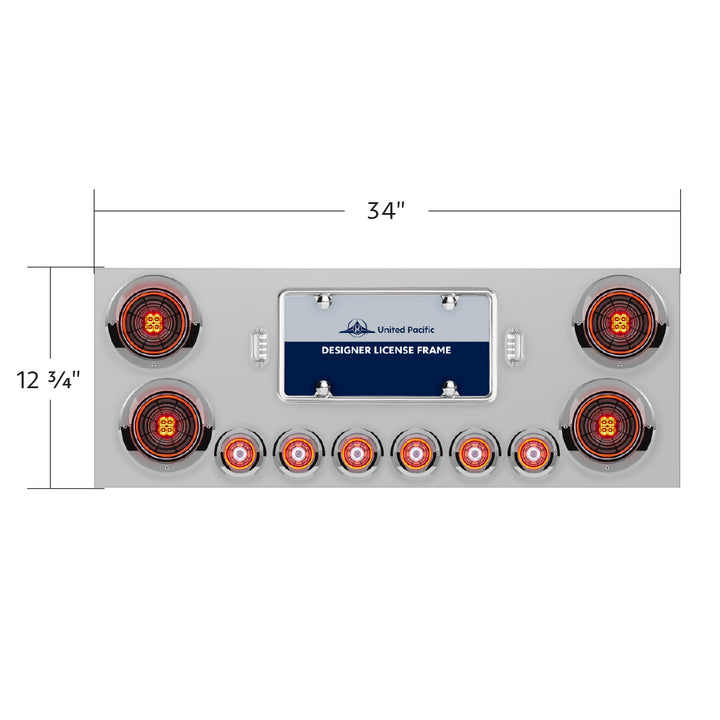 Stainless Steel Rear Center Panel With Four 13 LED 4" Abyss Light &amp; Six 4 LED 2" Lights &amp; Visors - Red LED/Clear Lens