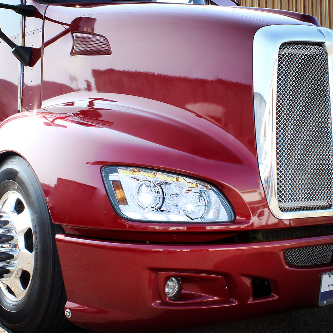 Chrome LED Headlight With Sequential Turn Signal &amp; Position Light Bars For 2008-17 Kenworth T660 - Passenger