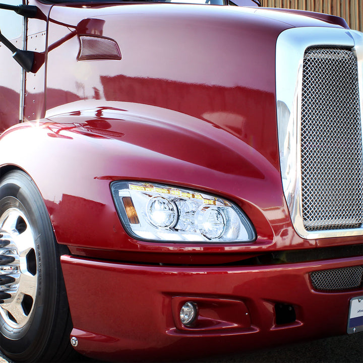 Chrome LED Headlight With Sequential Turn Signal &amp; Position Light Bars For 2008-17 Kenworth T660 - Passenger