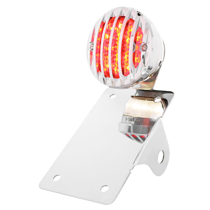 Motorcycle LED "Bobber" Style Vertical Tail Light With Chrome Grille Bezel - Red Lens