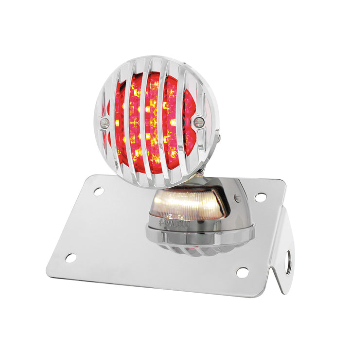Motorcycle LED "Bobber" Style Horizontal Tail Light With Chrome Grille Bezel - Red Lens